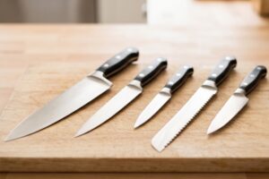 Assortiment de couteaux de cuisine sur une planche à découper