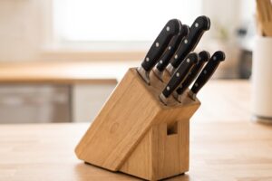 Bloc à couteaux en bois avec plusieurs couteaux rangés